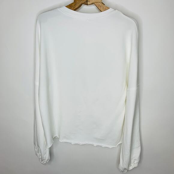 White Henley Shirt Full Gathered Sleeve Lettuce Hem Top Sz Medium - Picture 6 of 9